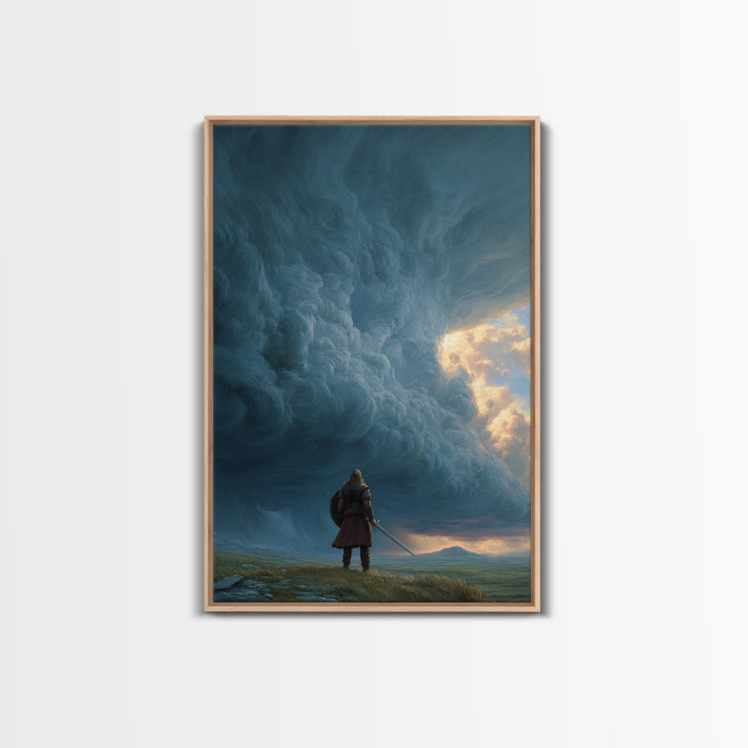 Lone Warrior Beneath Colossal Storm Clouds Wall Art, Fantasy Landscape Canvas, Dramatic Sky Decor, Large Statement Artwork