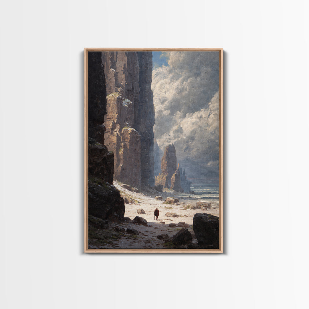 Towering Sea Cliffs And Lone Wanderer Canvas Print, Moody Coastal Landscape Art, Nautical Wall Decor, Living Room Art Print