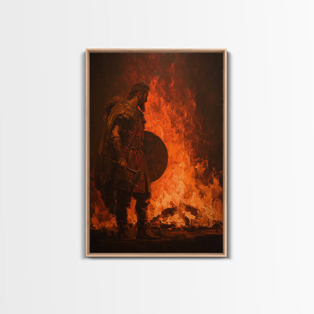 Viking Warrior Beside Blazing Fire Framed Canvas Print, Dark Fantasy Wall Art, Norse Masculine Home Decor, Gift For Him, Office Decor