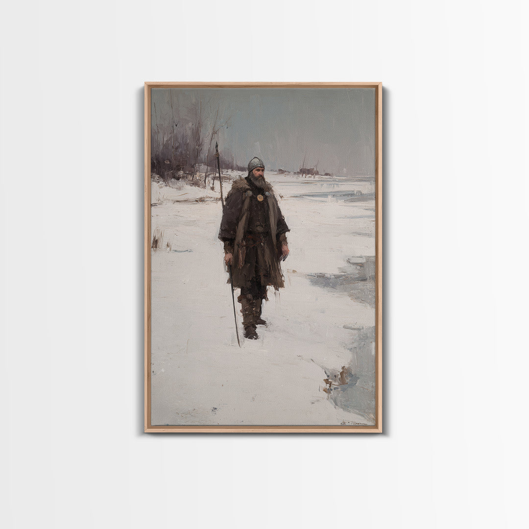 Viking Warrior In Snow Canvas Print, Medieval Winter Landscape Painting, Nordic Wall Art For Rustic Cabin Home Decor Gift