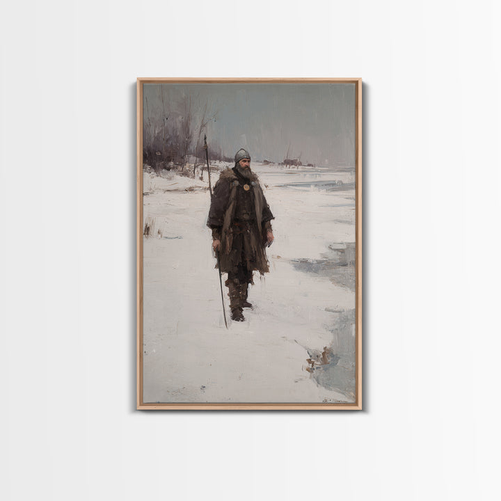 Viking Warrior In Snow Canvas Print, Medieval Winter Landscape Painting, Nordic Wall Art For Rustic Cabin Home Decor Gift