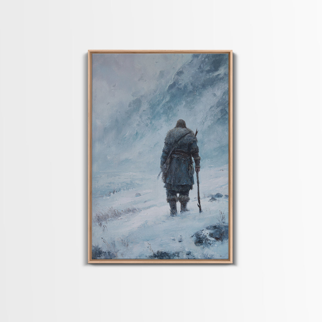 Lone Wanderer In Snowy Mountain Blizzard Wall Art, Viking Winter Landscape Canvas Print For Cabin Decor And Gift For Him