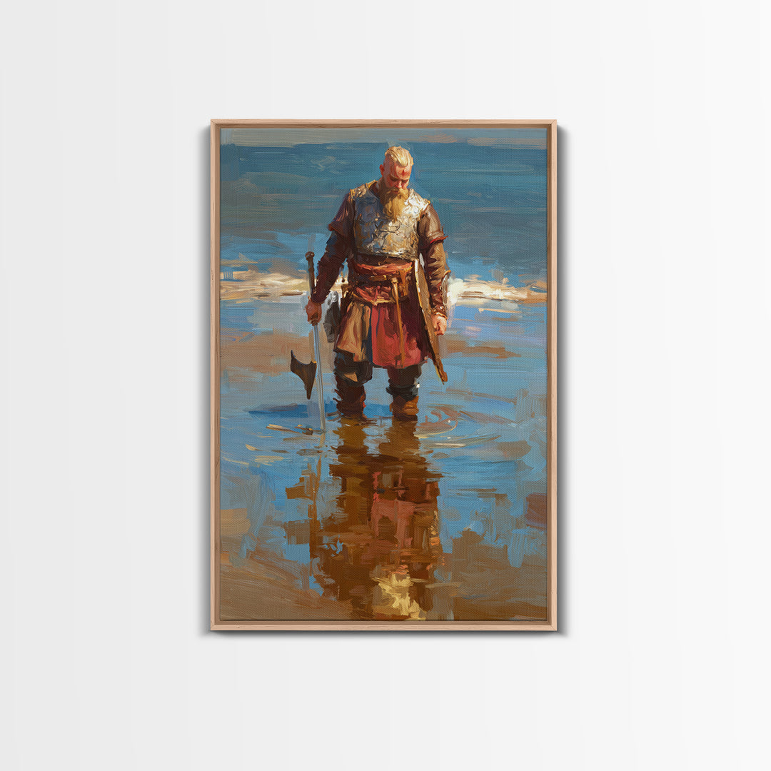 Blond Viking Warrior Standing In Reflective Shore Water Canvas Print, Coastal Fantasy Art, Masculine Wall Decor, Fine Art