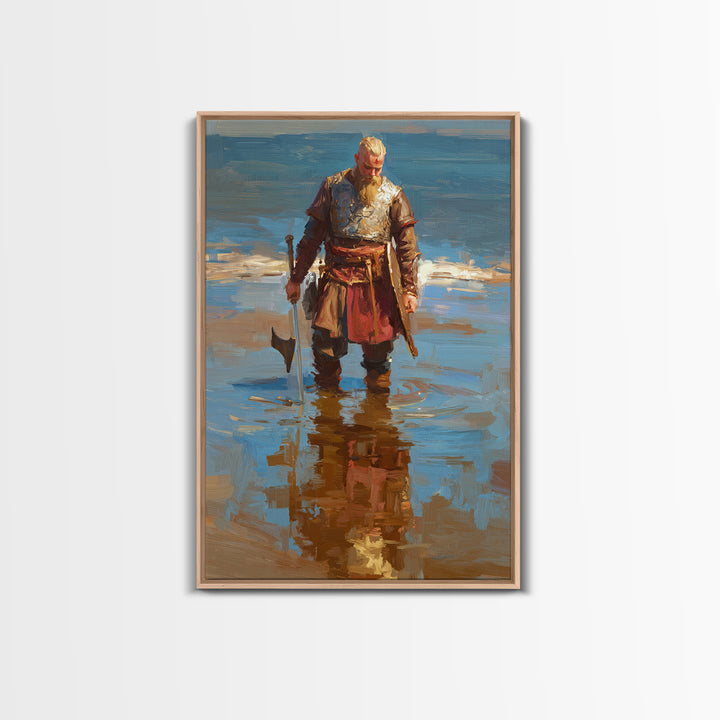 Blond Viking Warrior Standing In Reflective Shore Water Canvas Print, Coastal Fantasy Art, Masculine Wall Decor, Fine Art