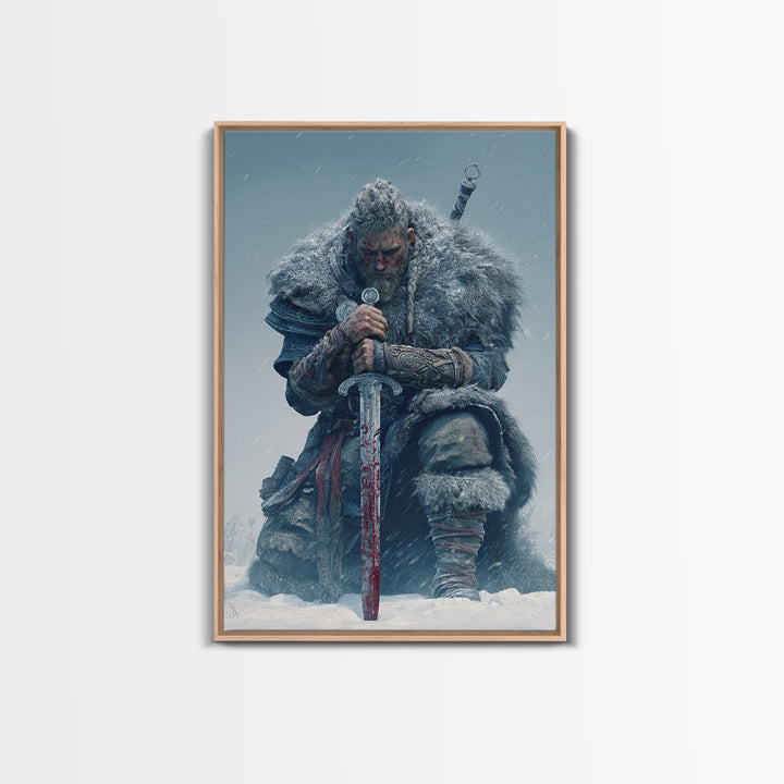 Snowbound Viking Warrior With Bloodied Sword Framed Canvas Print, Norse Wall Art, Masculine Dark Fantasy Decor, Gift For Him