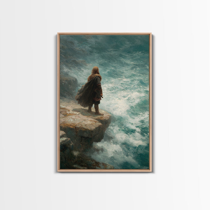 Viking Warrior At Turquoise Sea Wall Art, Coastal Fantasy Canvas Print, Ocean Seascape Painting, Norse Decor Gift For Him