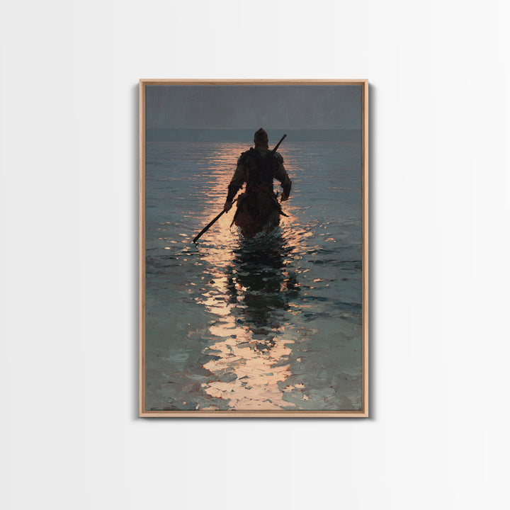 Lone Warrior Wading Through Sunset Sea Wall Art, Moody Seascape Canvas Print, Coastal Fantasy Large Living Room And Office Decor