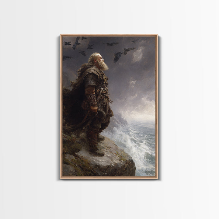 Bearded Viking On Stormy Sea Cliff Wall Art, Norse Raven Seascape Canvas Print, Dark Academia Masculine Decor, Gift For Him