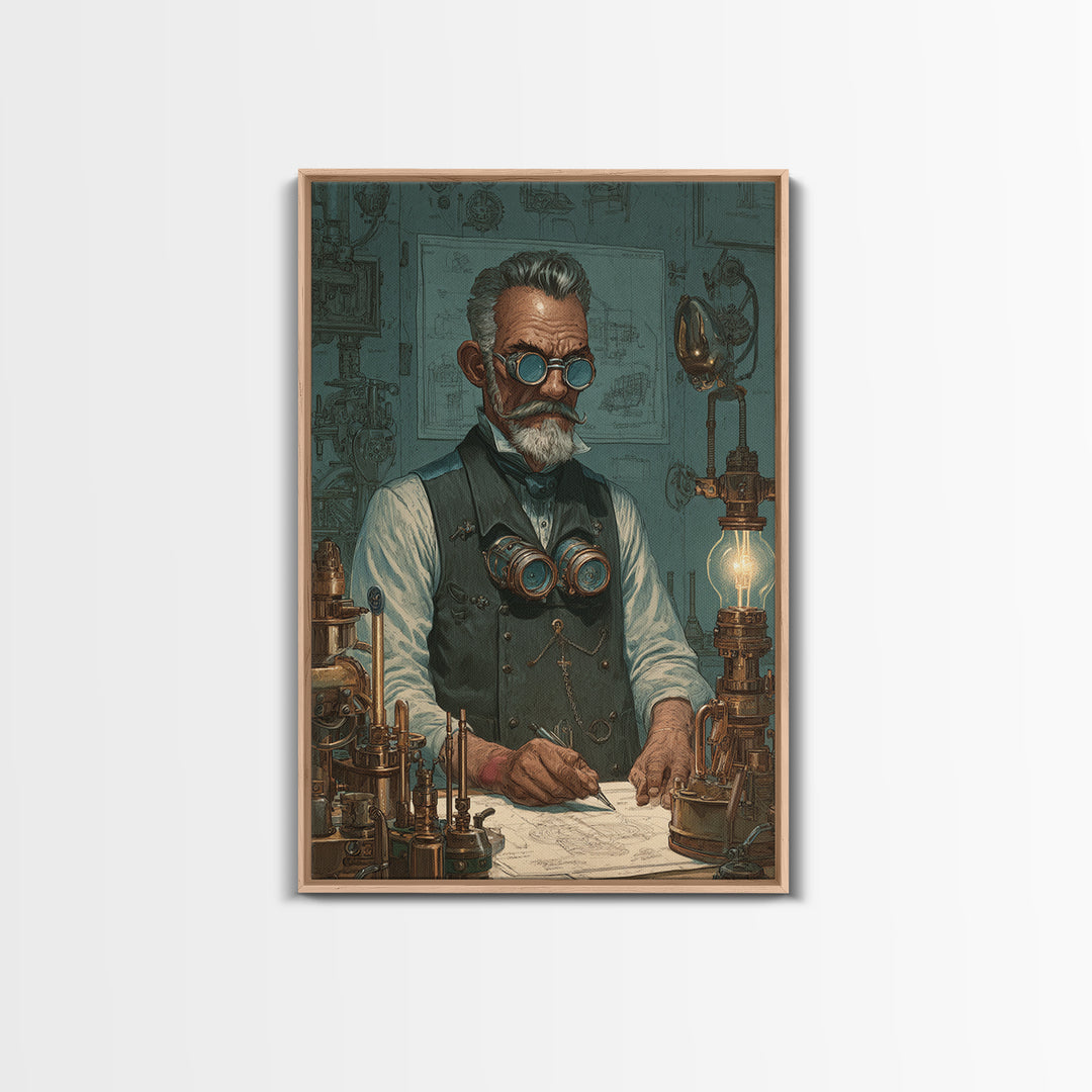 Steampunk Inventor Portrait With Goggles Wall Art, Industrial Office Decor, Science Art Print, Unique Gift For Him, Home Decor