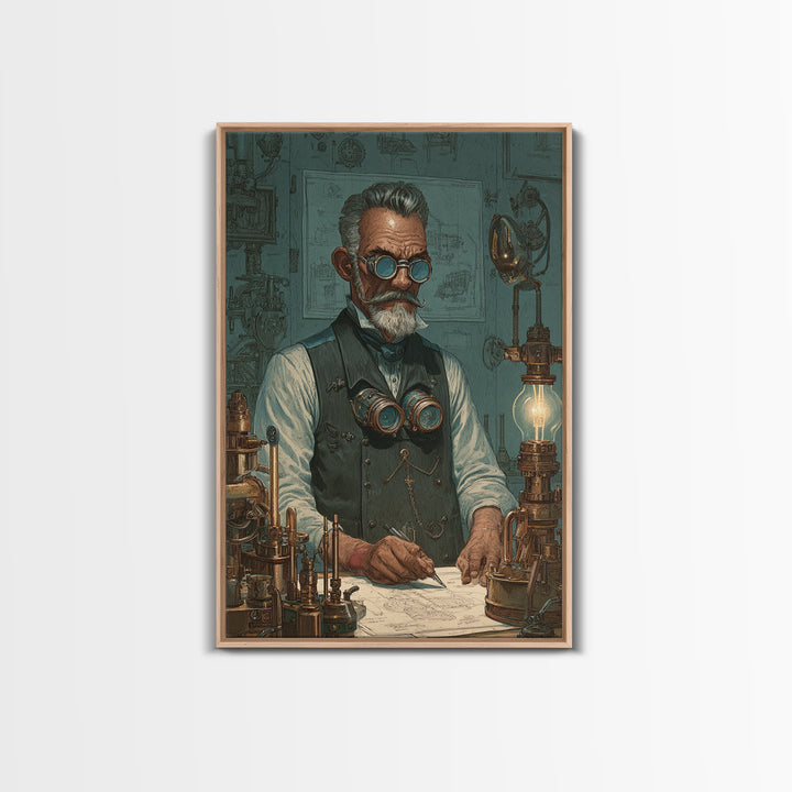 Steampunk Inventor Portrait With Goggles Wall Art, Industrial Office Decor, Science Art Print, Unique Gift For Him, Home Decor