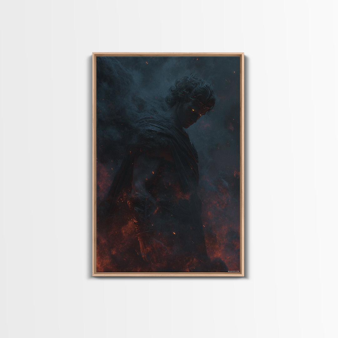 Fiery Dark Warrior With Glowing Eyes Wall Art, Mythological Fantasy Canvas Print, Gothic Decor, Dramatic Office Art For Men