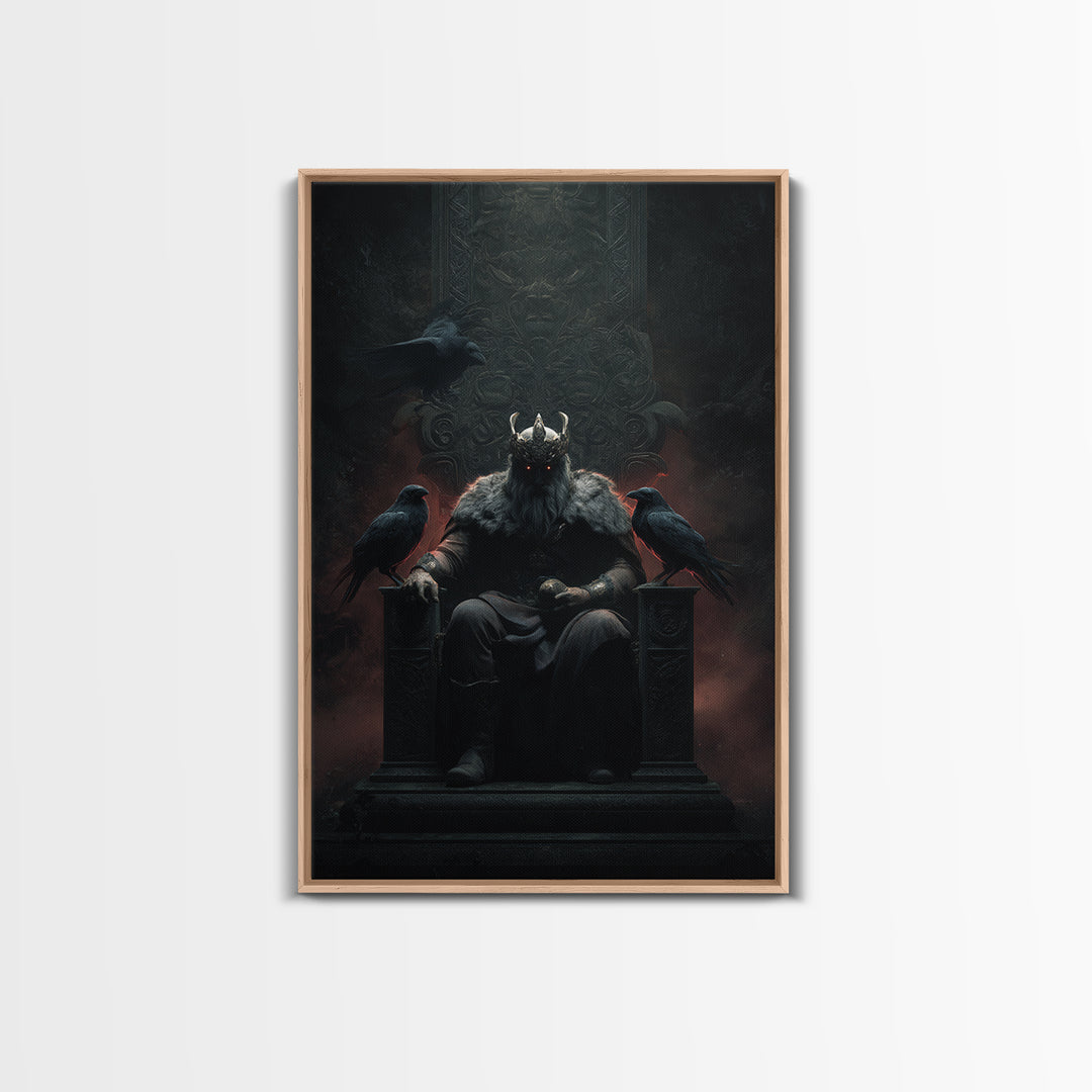 Dark Raven King On Gothic Throne Wall Art, Norse Mythology Fantasy Poster, Moody Viking Decor, Dark Academia Gift For Him