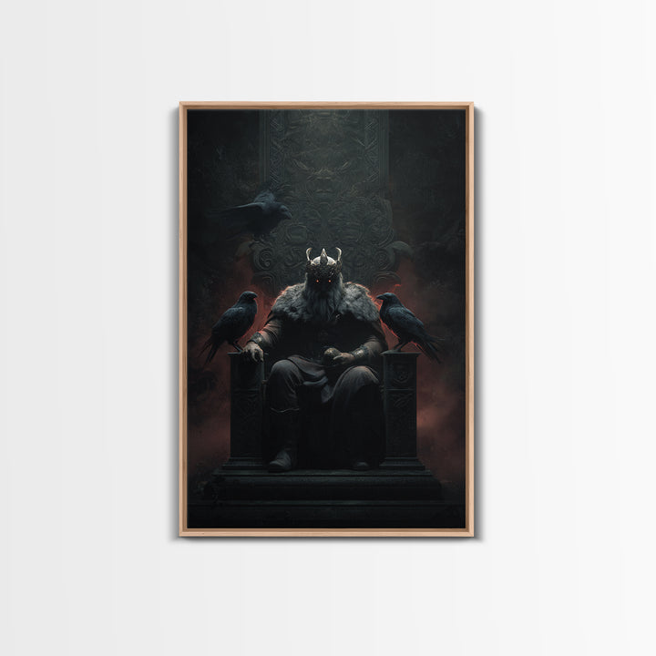 Dark Raven King On Gothic Throne Wall Art, Norse Mythology Fantasy Poster, Moody Viking Decor, Dark Academia Gift For Him