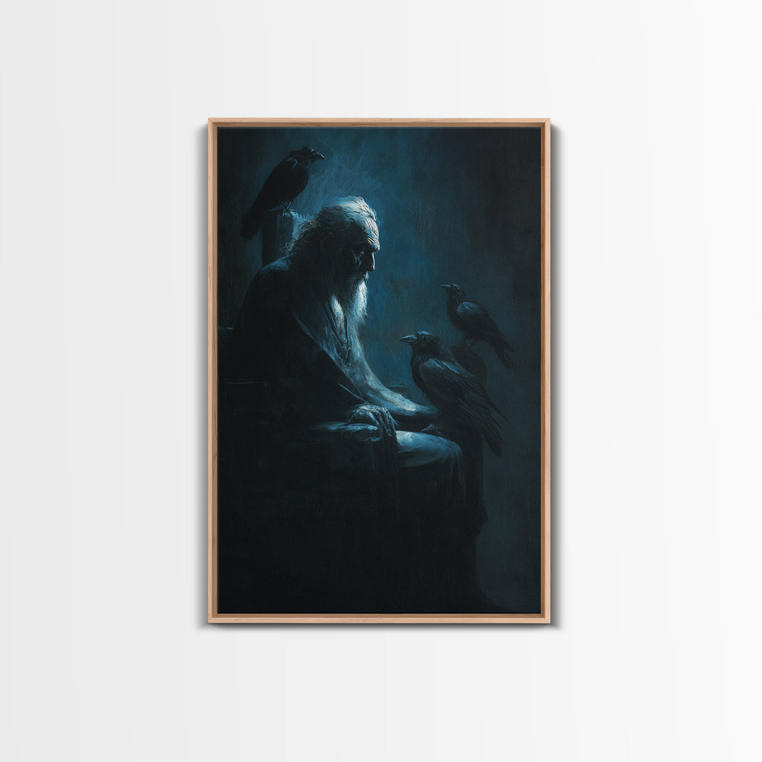 Elder With Ravens In Moody Blue Shadows Wall Art, Gothic Dark Academia Canvas Print For Living Room Decor And Unique Gift