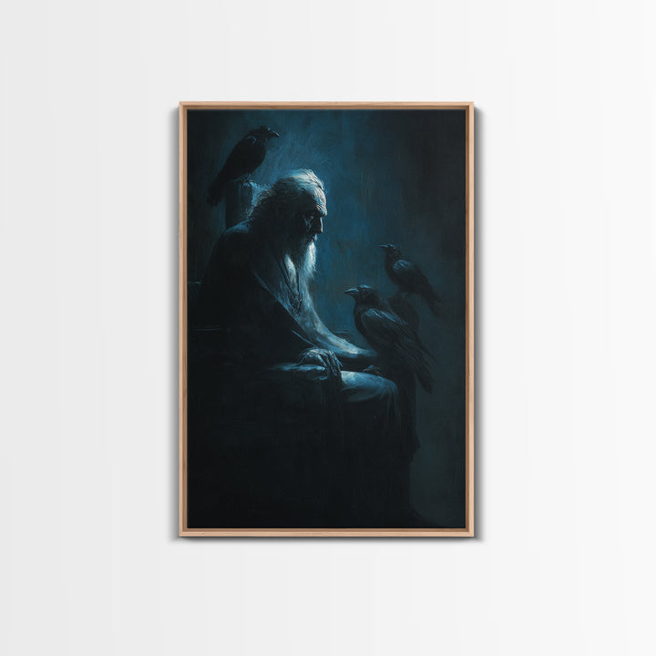 Elder With Ravens In Moody Blue Shadows Wall Art, Gothic Dark Academia Canvas Print For Living Room Decor And Unique Gift