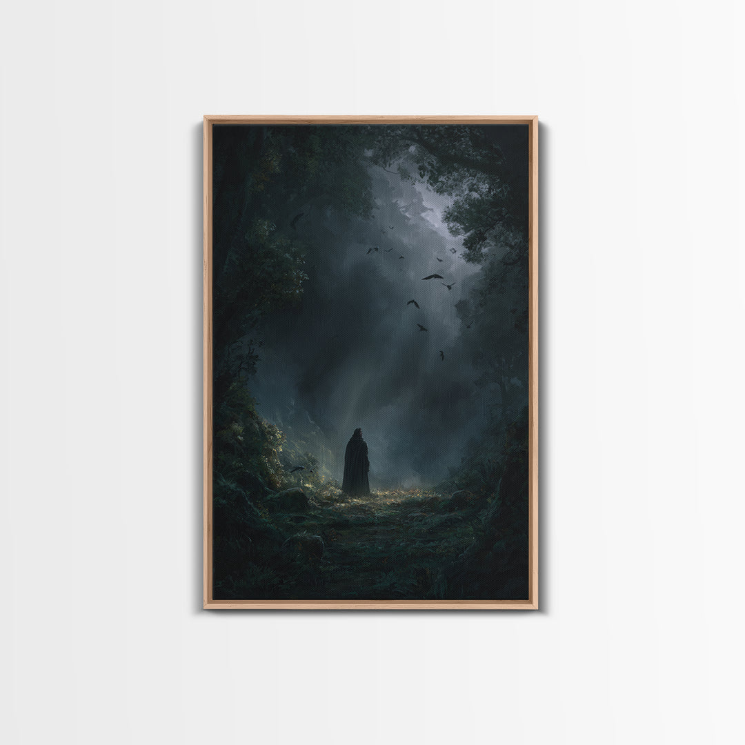 Cloaked Figure In Dark Forest Wall Art, Gothic Fantasy Canvas Print, Moody Nature Decor, Dark Academia Bedroom Wall Decor