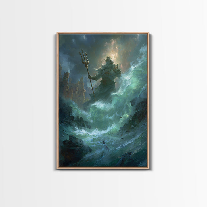 Colossal Sea God With Trident Canvas Print, Mythological Ocean Wall Art, Fantasy Seascape Decor, Dramatic Coastal Gift For Him