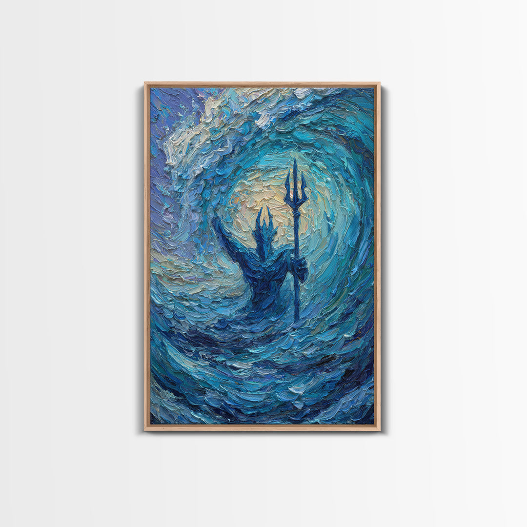 Sea God With Trident In Turquoise Wave Canvas Print, Poseidon Ocean Wall Art For Coastal Living Room Decor And Mythology Art Gift