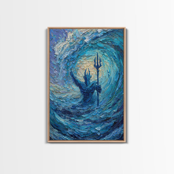 Sea God With Trident In Turquoise Wave Canvas Print, Poseidon Ocean Wall Art For Coastal Living Room Decor And Mythology Art Gift