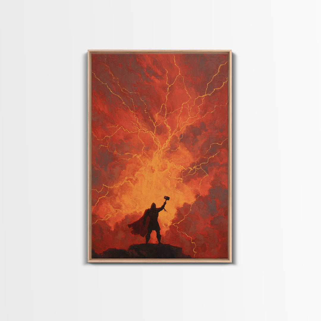 Thor Hammer Lightning Wall Art, Norse Mythology Storm Painting, Dramatic Red Sky Canvas Decor For Fantasy Home Office Gift