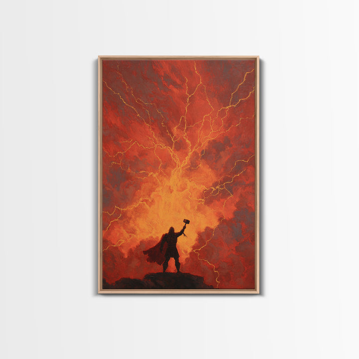 Thor Hammer Lightning Wall Art, Norse Mythology Storm Painting, Dramatic Red Sky Canvas Decor For Fantasy Home Office Gift