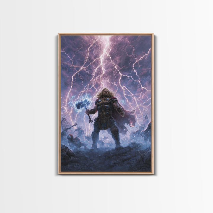 Thunder Warrior With Hammer In Lightning Storm Wall Art, Norse Mythology Canvas Print, Viking Decor, Epic Fantasy Gift For Him