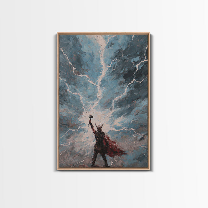 Norse Thunder Warrior Raising Hammer Wall Art, Lightning Storm Canvas Print For Fantasy Decor And Mythology Gift For Him