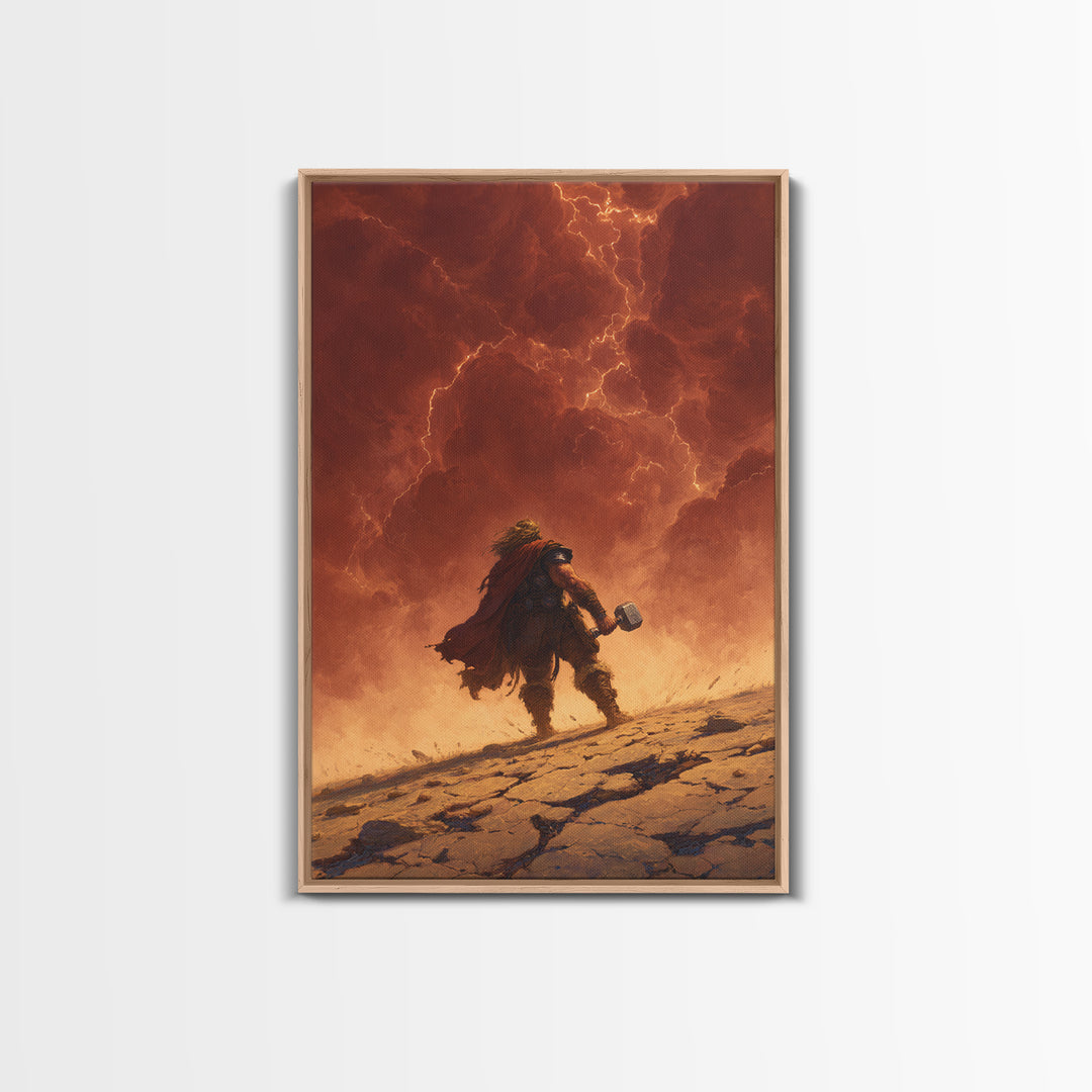 Epic Norse Thunder Warrior Under Fiery Sky Wall Art, Mythic Hammer Canvas Print, Dramatic Viking Fantasy Decor, Gift For Him