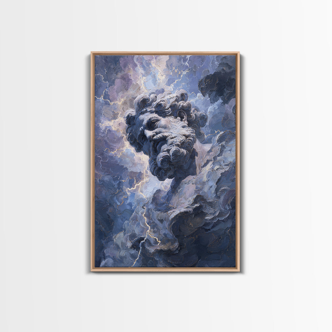 Classical Marble God In Thunder Clouds Framed Canvas Print, Mythology Wall Art, Dramatic Storm Decor, Dark Academia Gift