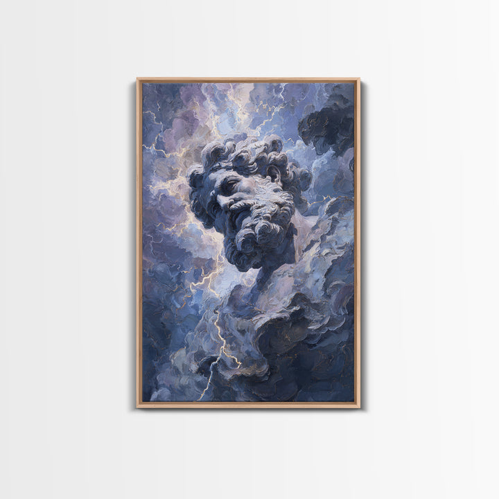 Classical Marble God In Thunder Clouds Framed Canvas Print, Mythology Wall Art, Dramatic Storm Decor, Dark Academia Gift