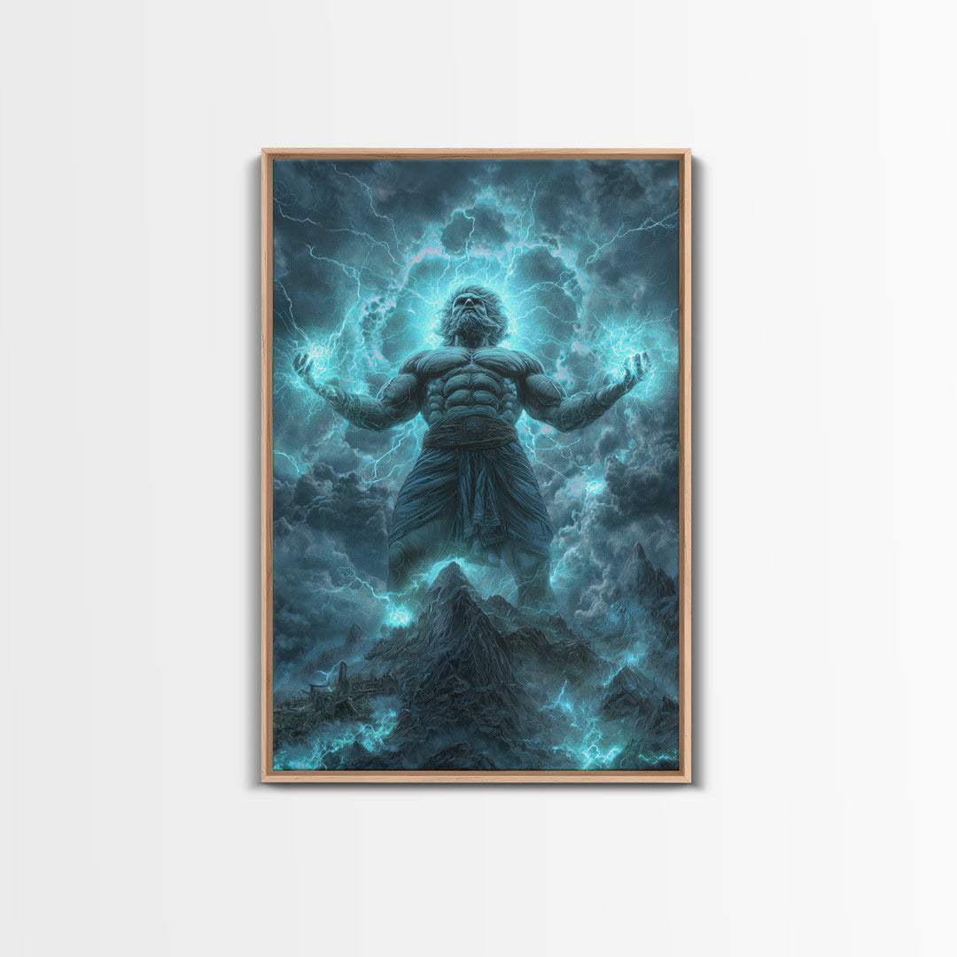 Titan Storm God Above Mountains Wall Art, Mythological Lightning Canvas Print, Fantasy Landscape Decor, Powerful Gift For Him
