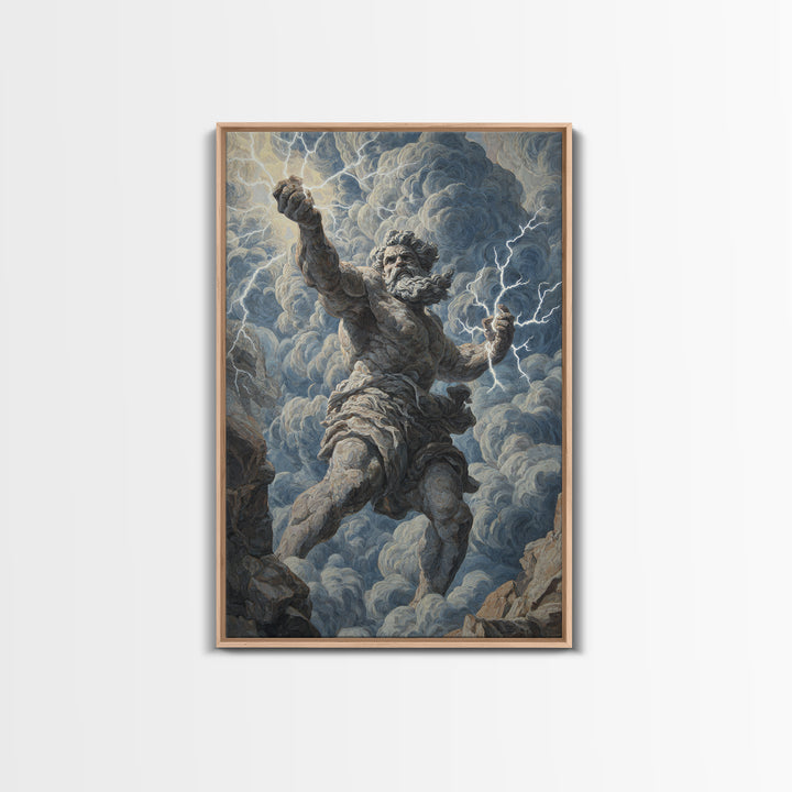 Zeus Lightning God Wall Art, Greek Mythology Statue Painting, Dramatic Storm Clouds Canvas Decor For Classical Home Gift