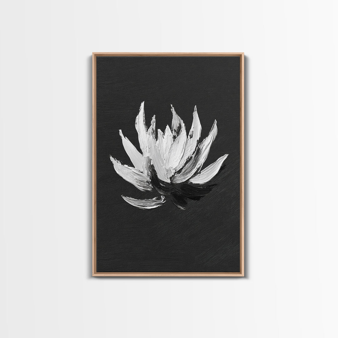 Black and White Oil Painting of Lotus Flower Minimalist Wall Art Original Canvas Print for Modern Home Decor