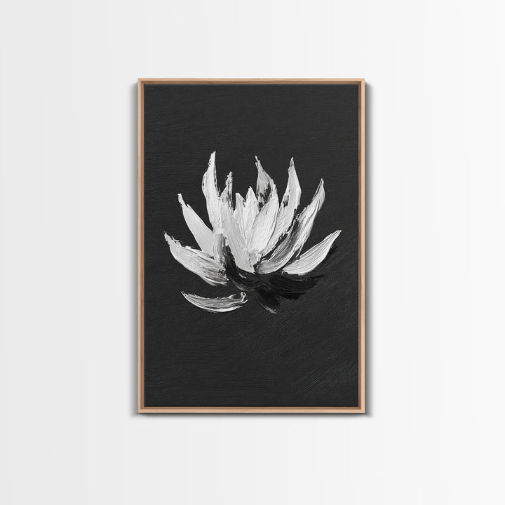 Black and White Oil Painting of Lotus Flower Minimalist Wall Art Original Canvas Print for Modern Home Decor