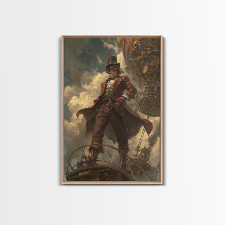 Airship Captain In Storm Clouds Canvas Print, Steampunk Fantasy Art, Industrial Wall Decor, Masculine Office Decor, Gift For Him