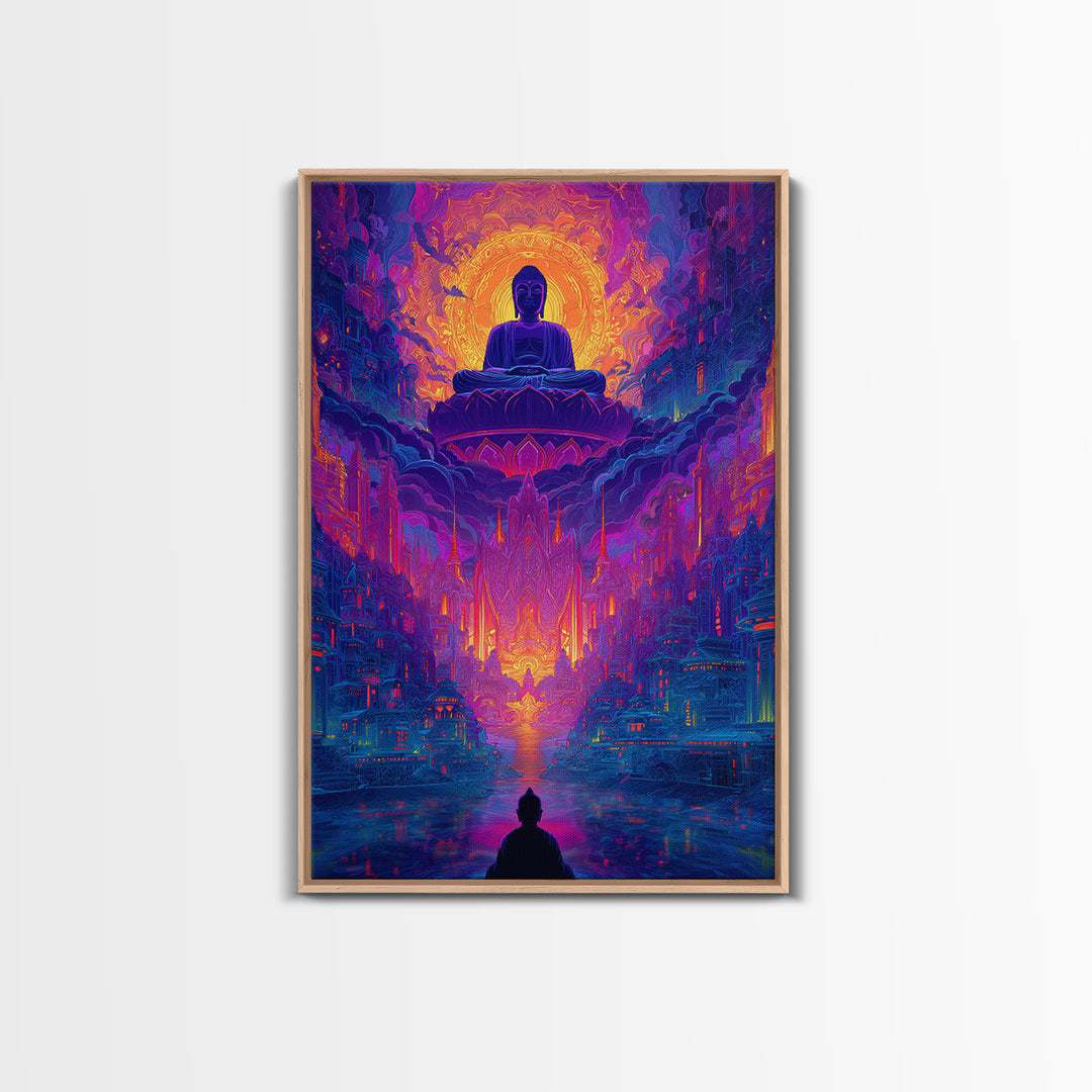 Vibrant Spiritual Buddha Cityscape With Radiant Glow Wall Art Modern Home Decor