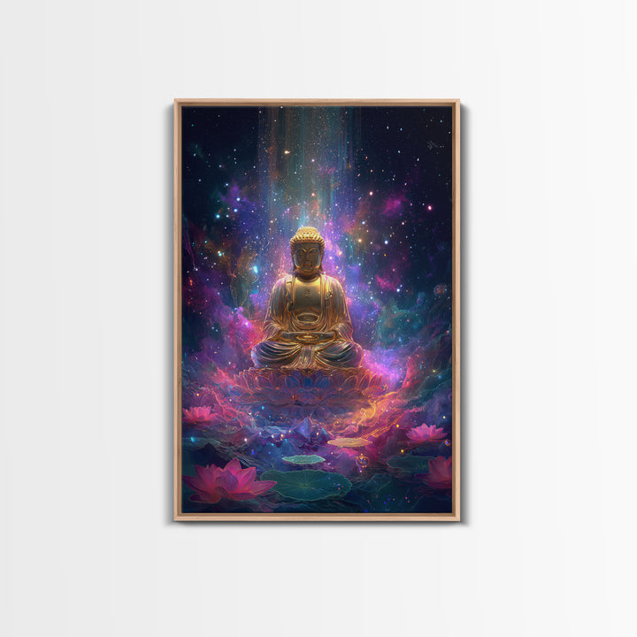 Colorful Glowing Golden Buddha In Cosmic Space Spiritual Wall Art Framed Canvas Print For Home