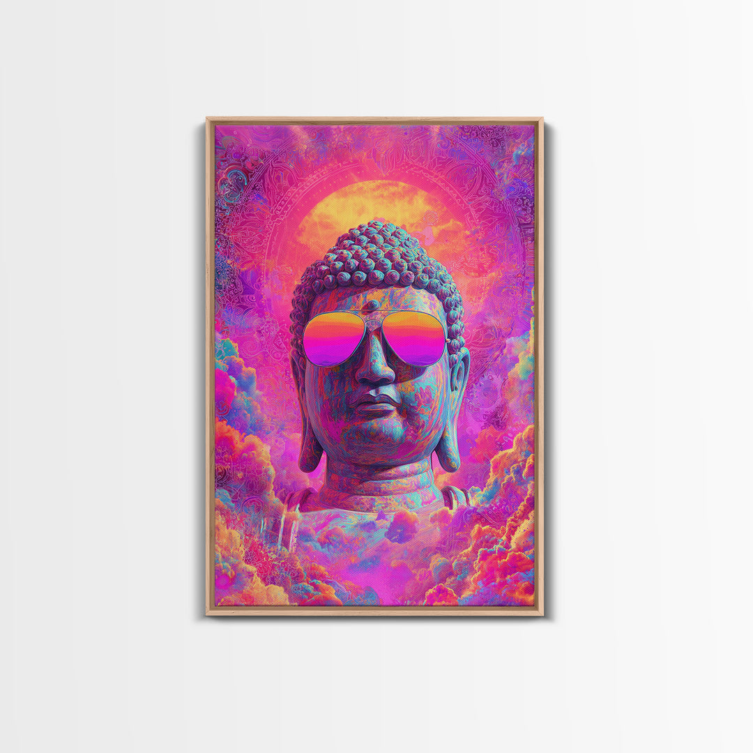 Vibrant Psychedelic Buddha With Colorful Sunglasses Spiritual Wall Art Framed Canvas Print