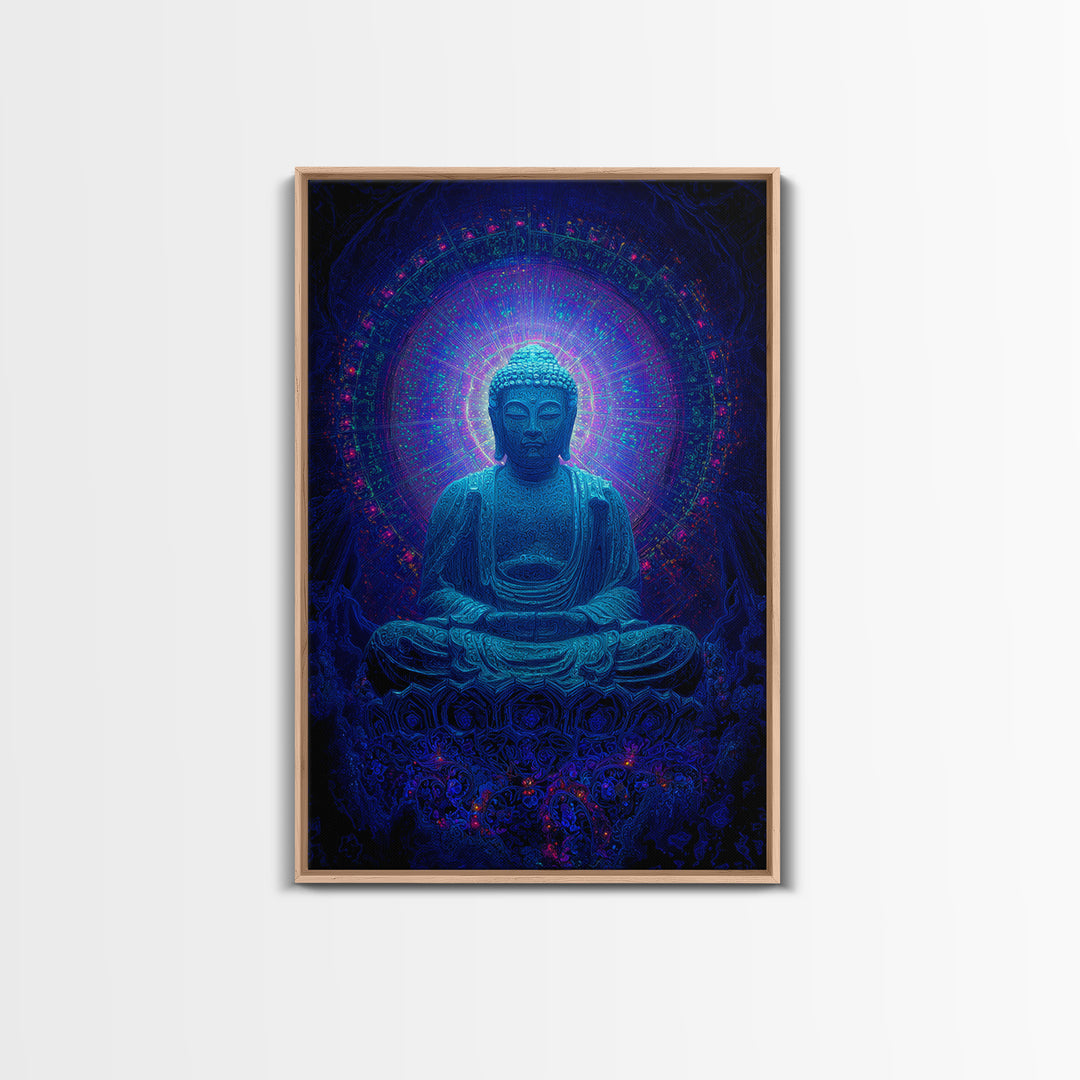 Mystical Blue Buddha Statue With Radiant Halo Spiritual Wall Art Framed Canvas Print For Meditation Room Decor