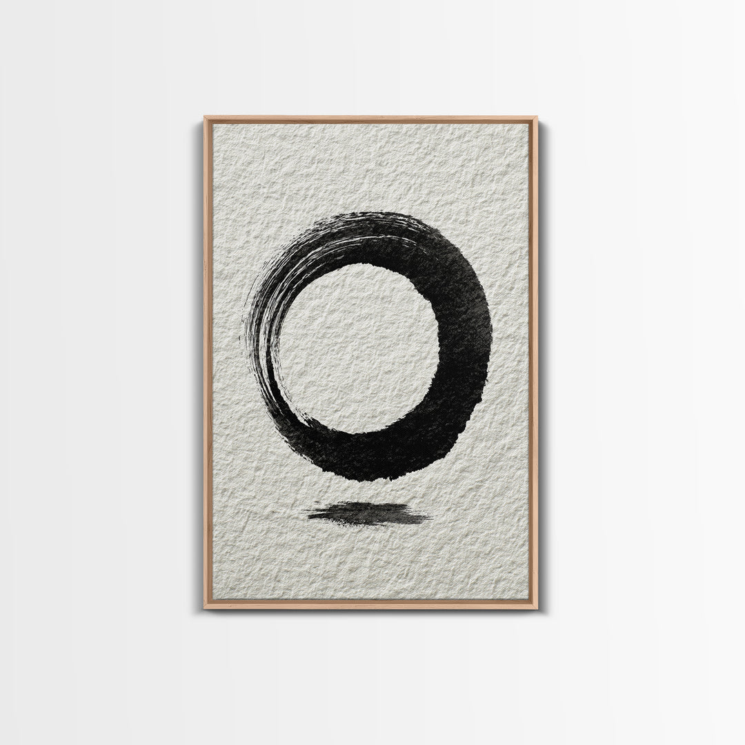 Minimalist Black Ink Circle Zen Enso Brushstroke Wall Art On Textured Paper Abstract Art Framed Canvas Print For Home Office Decor