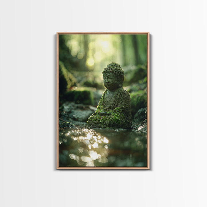 Serene Moss covered Buddha Statue Meditation Forest Wall Art Framed Canvas Print For Zen Home Decor
