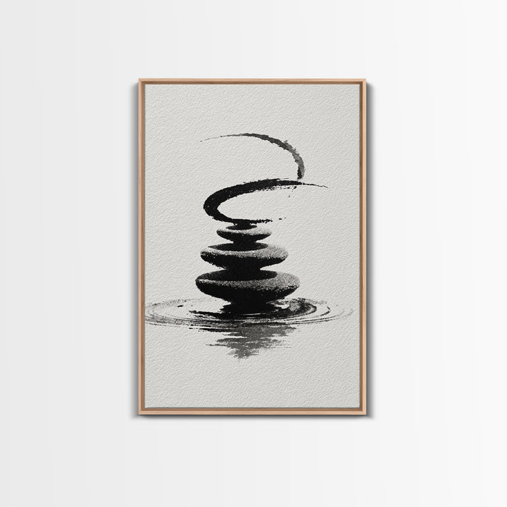 Zen Black And White Inkwash Painting Of Stacked Stones With Circle And Ripples Minimalist Wall Art For Office Decor Canvas Print