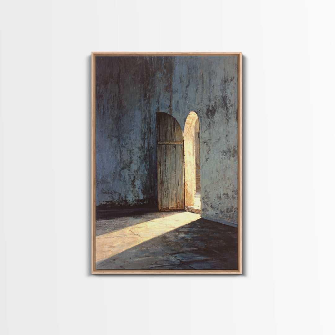 Sunlit Rustic Wooden Doorway In Textured Blue Wall Original Oil Painting Wall Art Framed Canvas Print Historic Architectural Art Print