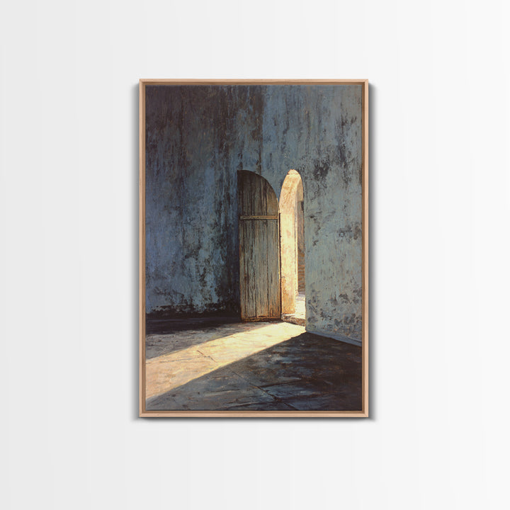 Sunlit Rustic Wooden Doorway In Textured Blue Wall Original Oil Painting Wall Art Framed Canvas Print Historic Architectural Art Print