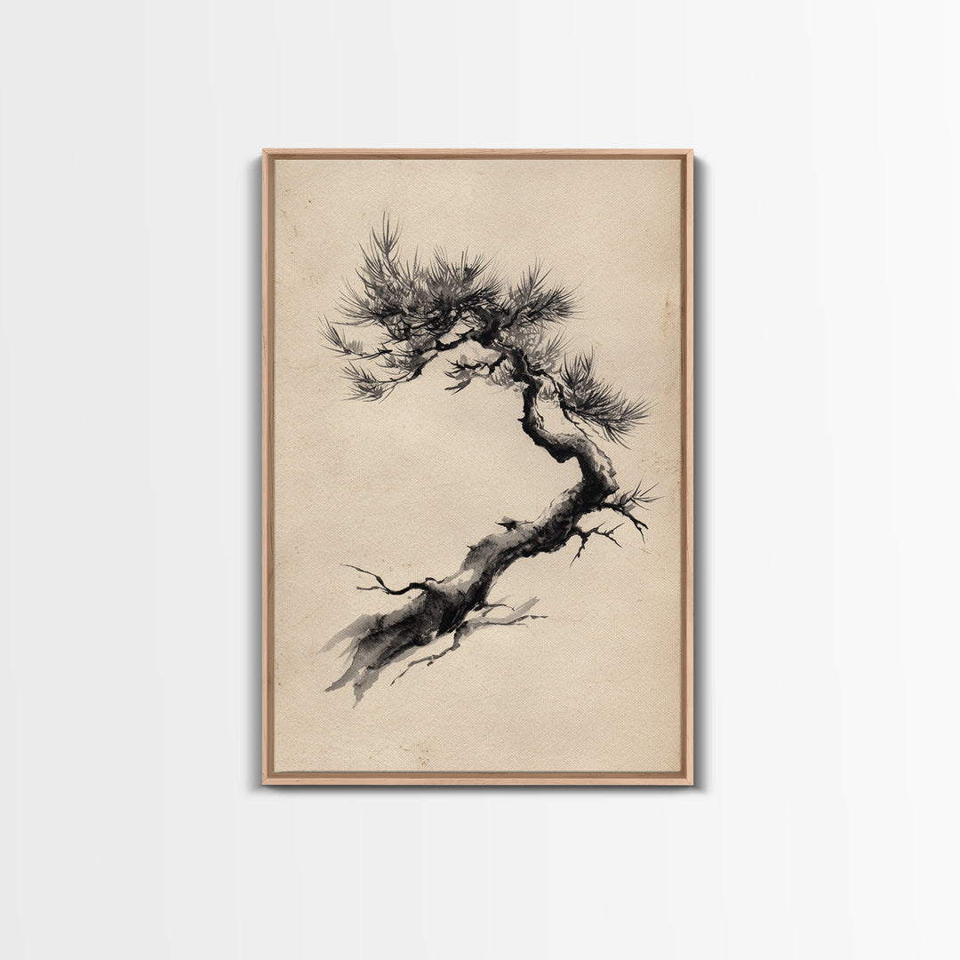 Elegant Black Ink Brush Style Bonsai Tree On Textured Natural Paper Minimalist Botanical Wall Art Print