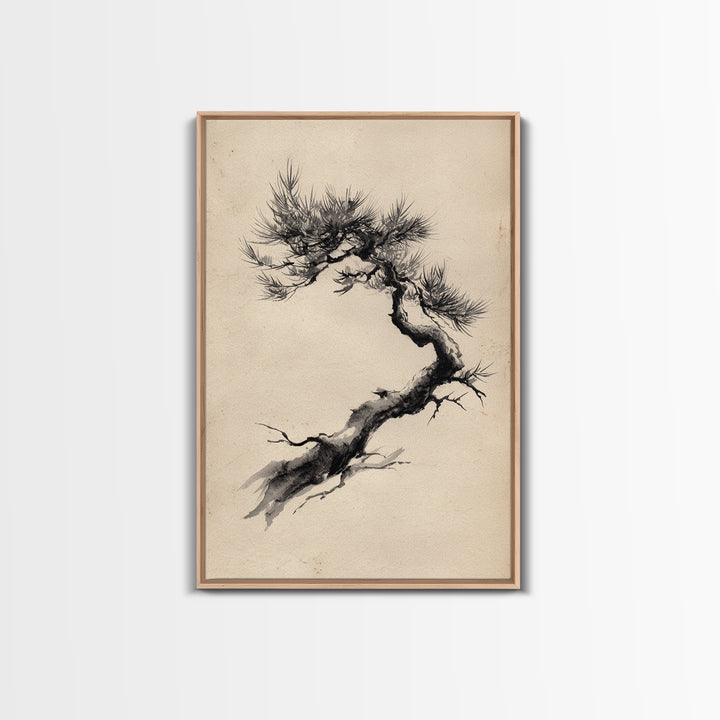 Elegant Black Ink Brush Style Bonsai Tree On Textured Natural Paper Minimalist Botanical Wall Art Print