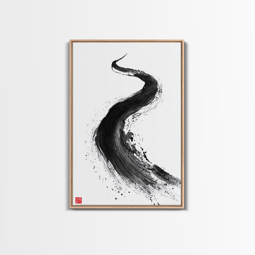 Dynamic Abstract Black Ink Brush Stroke Flow Calligraphy Art Print Minimalist Wall Art For Modern Home Decor Framed Canvas Print
