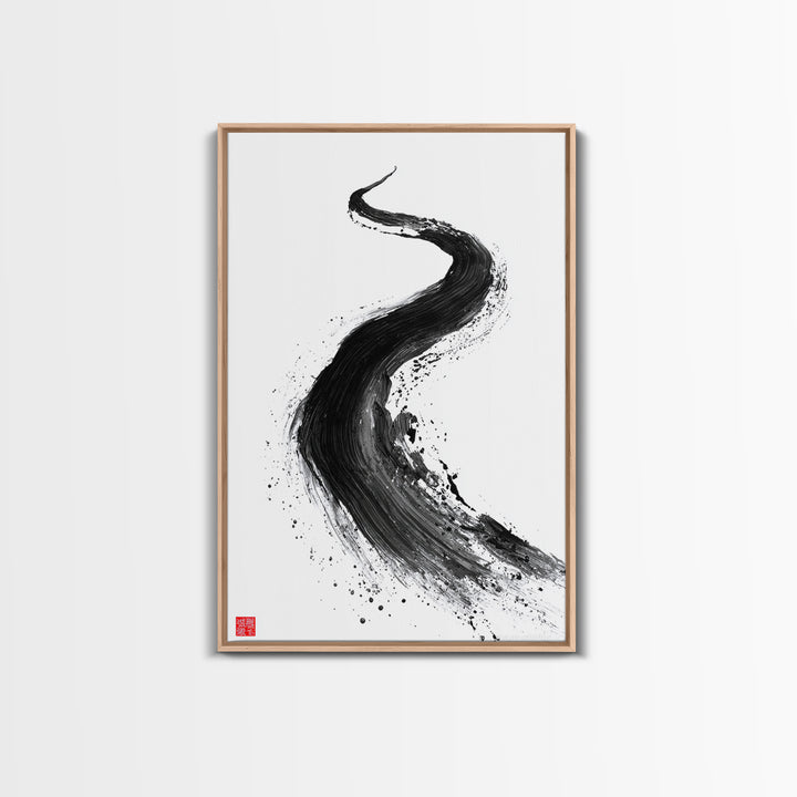 Dynamic Abstract Black Ink Brush Stroke Flow Calligraphy Art Print Minimalist Wall Art For Modern Home Decor Framed Canvas Print