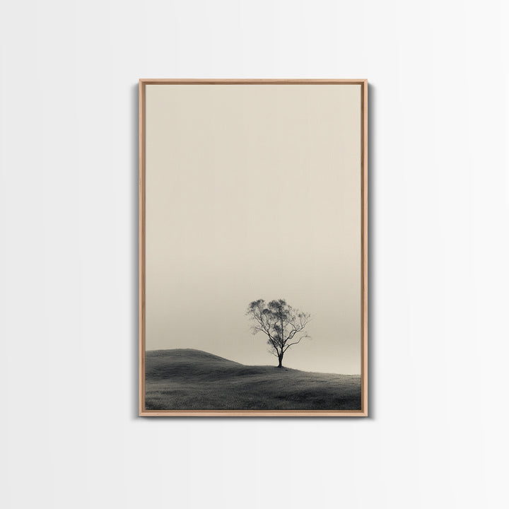 Solitary Tree Landscape Black White Minimalist Nature Wall Art Print Framed Canvas Print For Modern Home Decor