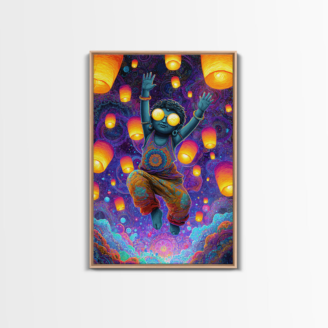 Joyful Blue Child With Lanterns Colorful Abstract Painting Wall Art For Kids Room